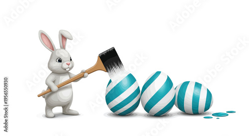White bunny painting blue and white Easter eggs with brush on , 3D render isolated on white background