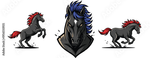 Set of Strong Black Horse Icons with Red Mane and Dynamic Poses in Bold Style