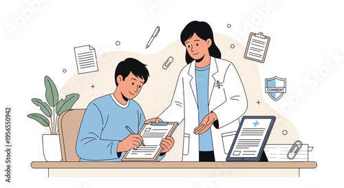 Doctor Advises Patient on Medical Form, Healthcare Consultation, Insurance Paperwork