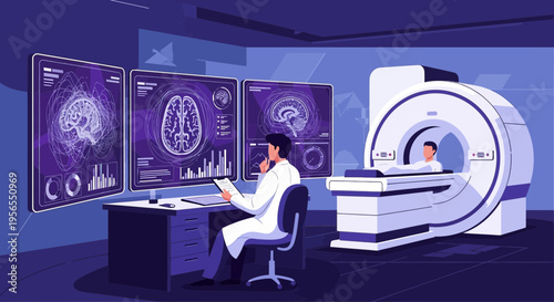 Doctor analyzes brain MRI scan results on monitors next to patient in scanner