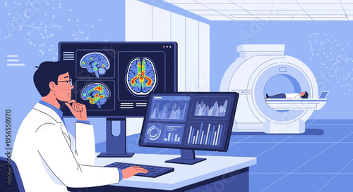 Doctor analyzes brain scan results on computer screen in MRI room with patient