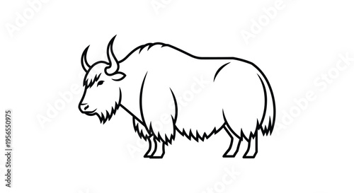 Black line drawing of a bison standing in profile on a isolated on white background