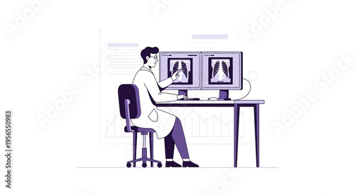 Doctor analyzes chest X-rays on computer screen, medical diagnosis and healthcare concept