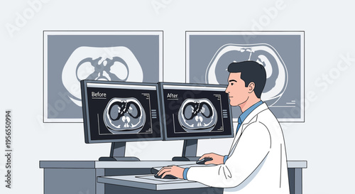 Doctor analyzes CT scan results on computer screens, comparing before and after images.