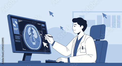 Doctor analyzes CT scan of human body on computer screen, medical technology concept