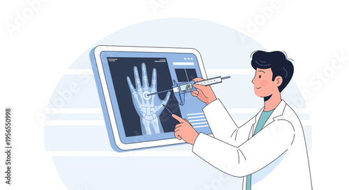Doctor analyzes hand X-ray on digital screen with surgical tool, modern medical technology