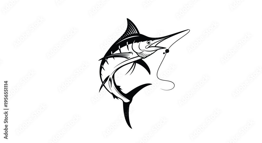 Naklejka premium Black swordfish jumping with hook and baitfish flat illustration isolated on white background
