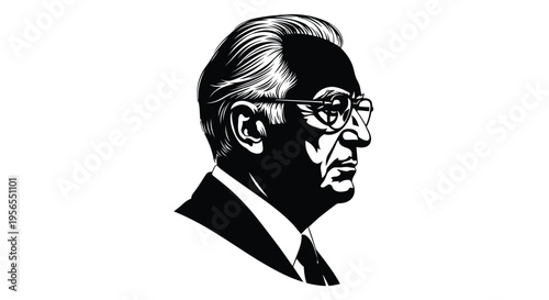 Black silhouette of an older man in a suit and glasses isolated on white background