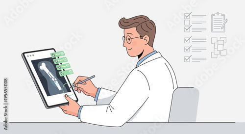 Doctor analyzing bone X-ray on tablet, digital healthcare, medical technology concept