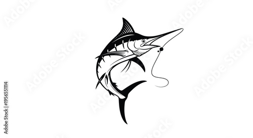 Black swordfish jumping with hook and baitfish flat illustration isolated on white background