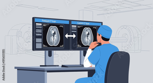 Doctor Analyzing Brain CT Scans on Dual Monitors in Medical Office