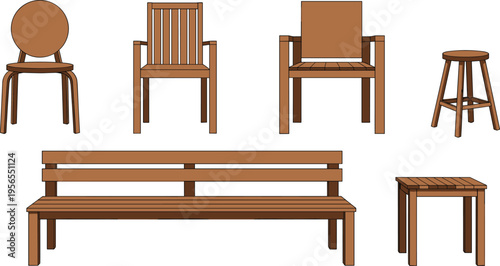 Wooden furniture collection vector. Chair styles, bench and stool set. Minimal flat design of classic wood seating and table isolated on light background.
