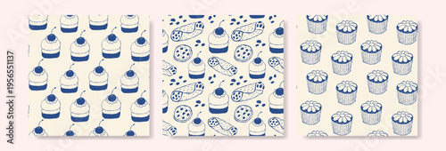 Three patterned designs with blue sweetss on cream background