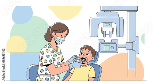 Dentist performs dental X-ray on child patient with modern equipment in clinic