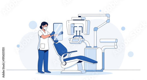 Dentist Preparing Dental X-ray Machine for Patient Examination in Modern Clinic