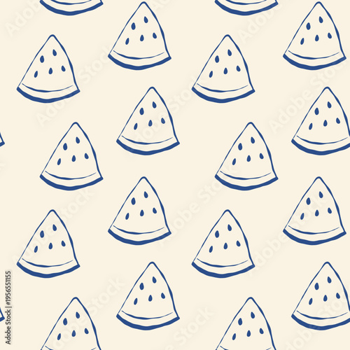Repeating watermelon wedges with seeds, outlined in blue on light beige