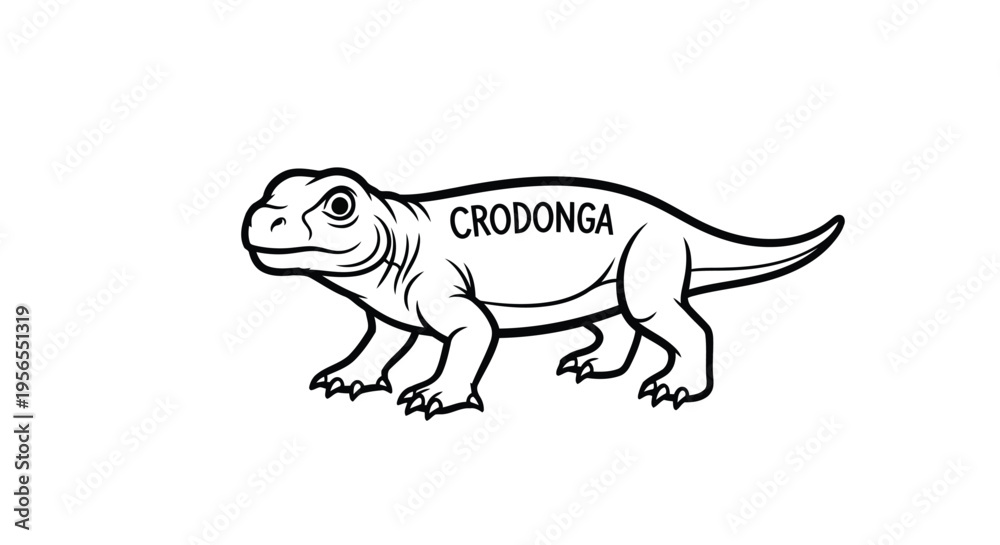 Fototapeta premium Black line drawing of a crocodile-like creature with the word Crodonga on its side, flat illustration isolated on white background