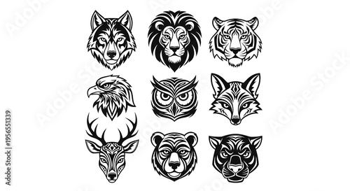 A tribal-style illustration of eight animal spirits, featuring wolf, lion, tiger, eagle, bear, and fox heads in a grid, against a clean white background with bold black lines