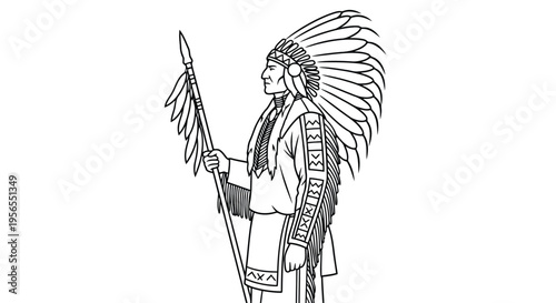 Native American chief in traditional headdress holding spear, side profile, flat illustration isolated on white background