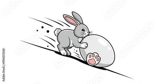 Gray cartoon rabbit pushing large egg on ground in motion vector flat illustration isolated on white background