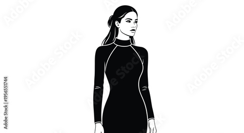 Silhouette of a woman in a black dress against a isolated on white background