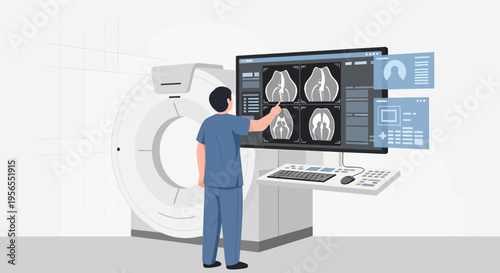 Doctor analyzing brain MRI scans on a futuristic digital display next to CT scanner