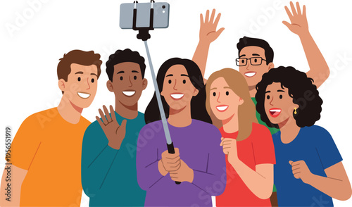 Diverse Group of Happy Friends Taking Selfie with Phone on Selfie Stick, Cheerful Flat Cartoon Style vector illustration
