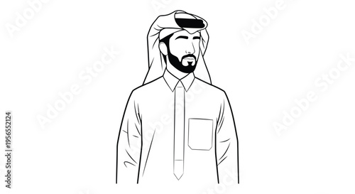 A man wearing a traditional Emirati kandura and headscarf in a flat illustration isolated on white background