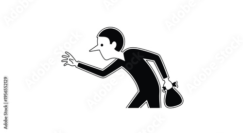 Man in black suit silhouette running with briefcase isolated on white background