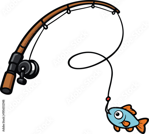 Fishing Rod with Caught Blue Fish on Line, Playful Cartoon Style vector illustration
