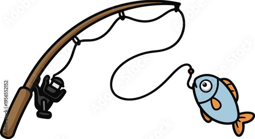 Fishing Rod with Blue Fish Caught on Hook, Simple Cartoon Style vector illustration
