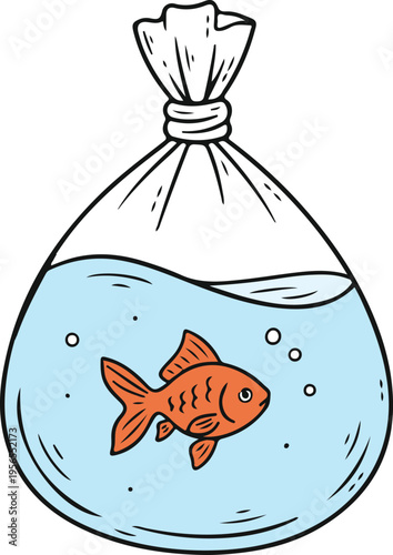 Goldfish in Plastic Bag with Water, Simple Cartoon Style vector illustration
