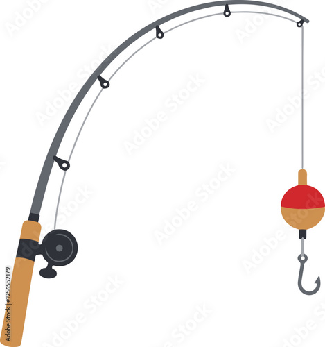 Fishing Rod with Red and Yellow Bobber, Minimalist Flat Design vector illustration
