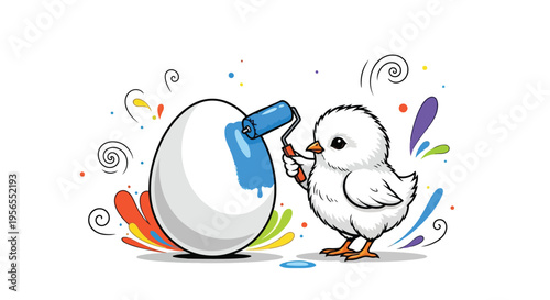 Cartoon chick painting egg with roller, colorful splashes, flat illustration isolated on white background