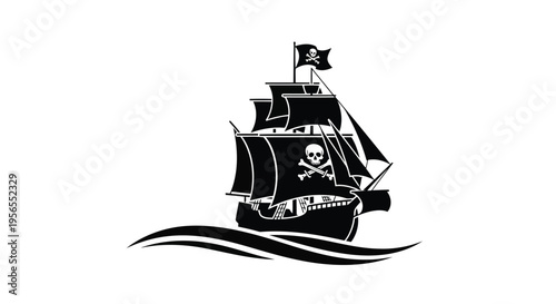 Black silhouette of a pirate ship with a skull and crossbones flag sailing on waves isolated on white background