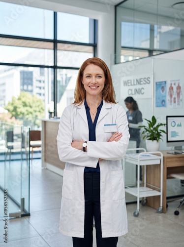 Doctor at the hospital. Portrait of a middle-aged woman in a white medical coat