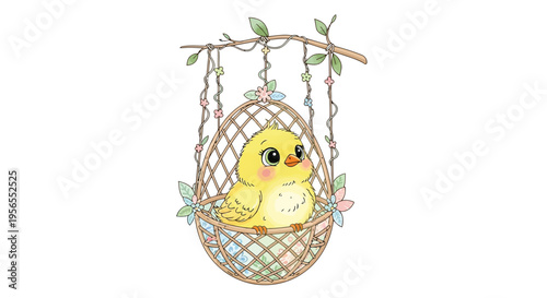 Yellow chick sitting in a hanging egg-shaped basket with floral decorations, cartoon flat illustration isolated on white background