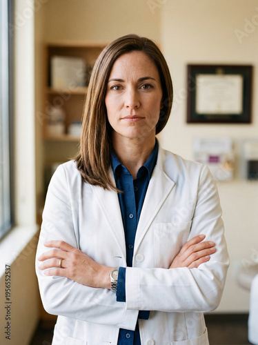 Doctor at the hospital. Portrait of a middle-aged woman in a white medical coat
