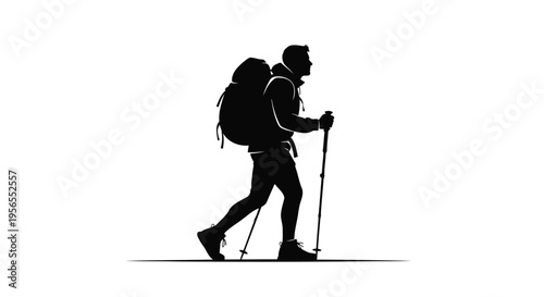 Silhouette of a hiker with backpack walking with trekking poles on a isolated on white background