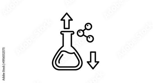 Flat illustration of a beaker with rising gas molecules and downward arrow isolated on white background