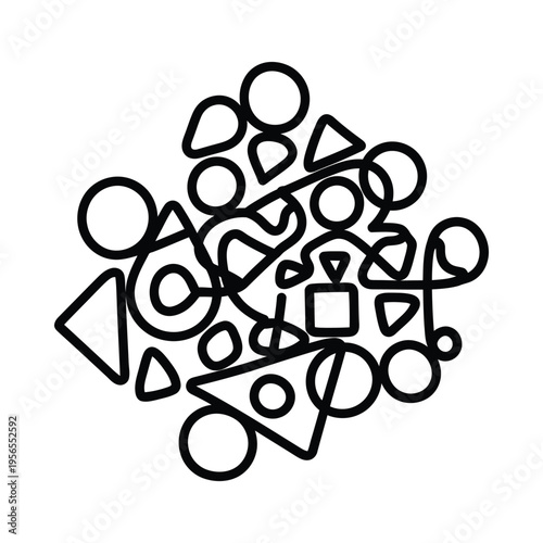 Abstract geometric shapes and symbols in black and white, chaotic arrangement, modern design elements