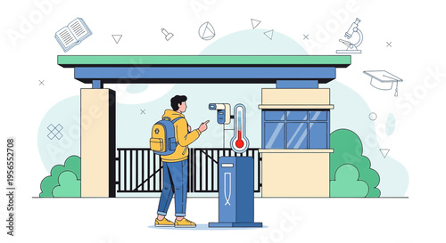 Student Using Infrared Thermometer at School Entrance for Temperature Check