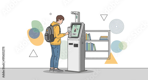 Student using self-service kiosk for library book checkout, modern technology in education