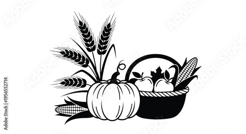 Black silhouette of a basket filled with autumn produce isolated on white background