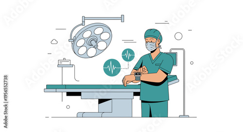 Surgeon in Operating Room with Medical Equipment and Heartbeat Monitor
