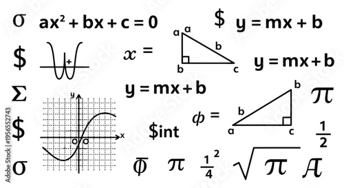 Mathematical formulas and symbols flat design illustration isolated on white background