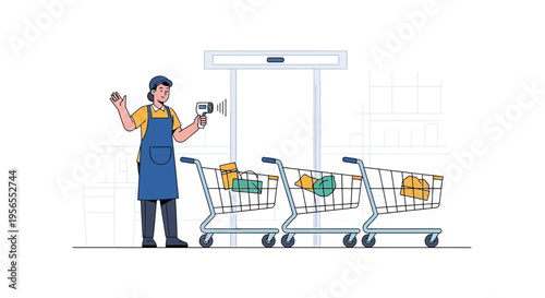 Supermarket worker with thermometer checks temperature of shoppers with trolleys at entrance