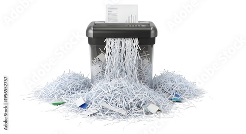 Paper shredder machine with shredded paper and trash on white transparent background