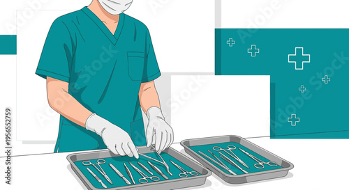 Surgeon in scrubs and mask meticulously arranging surgical instruments in trays