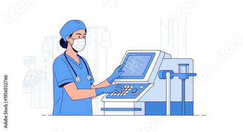 Surgeon operating medical equipment in hospital operating room, healthcare concept